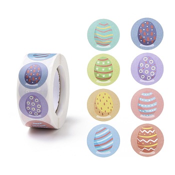 8 Patterns Easter Theme Self Adhesive Paper Sticker Rolls, with Rabbit Pattern, Round Sticker Labels, Gift Tag Stickers, Mixed Color, Egg Pattern, 25x0.1mm, 500pcs/roll