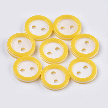Resin Buttons, 2-Hole, Flat Round, Yellow, 11x2mm, Hole: 1.8mm, about 1000pcs/bag