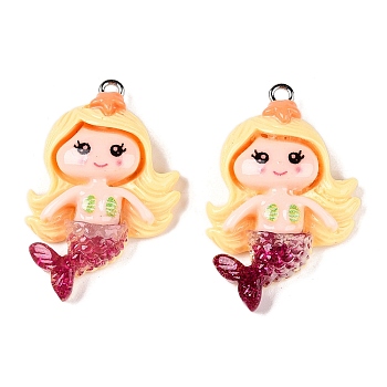 Opaque Resin Pendants, with Glitter Powder and Platinum Tone Iron Loops, Mermaid, Gold, 34x22x6mm, Hole: 2mm