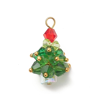 Christmas Tree Glass Pendants, with Real 18K Gold Plated Brass Beads and Findings, Colorful, 26x18.5x18.5mm, Hole: 2.2mm