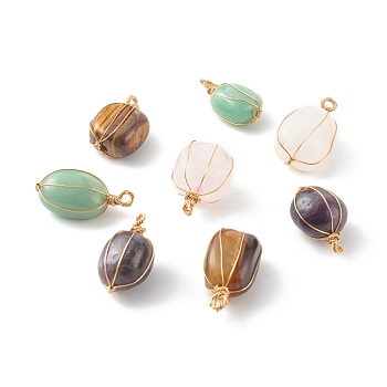 Natural Mixed Gemstone Pendants, with Real 18K Gold Plated Eco-Friendly Copper Wire, Nuggets, 20~23.5x11~15x7.5~12.5mm, Hole: 2mm