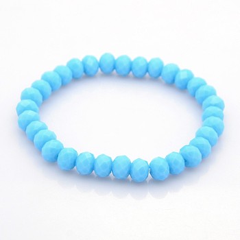 Faceted Opaque Solid Color Crystal Glass Rondelle Beads Stretch Bracelets, Deep Sky Blue, 68mm