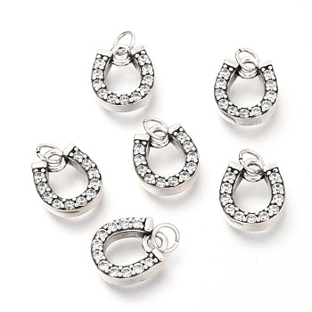 Brass Micro Pave Clear Cubic Zirconia Charms, Flat Round, Antique Silver, 10x8.9x2.8mm, Hole: 2.8mm