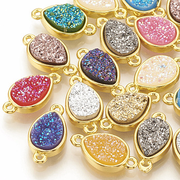 Druzy Resin Links connectors, with Golden Tone Brass Findings, teardrop, Mixed Color, 16x8.5x4~5mm, Hole: 1mm
