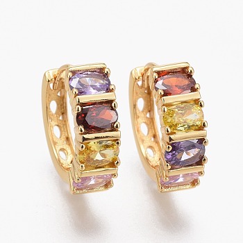 Brass Micro Pave Clear Cubic Zirconia Huggie Hoop Earrings, Long-Lasting Plated, Ring with Rectangle, Colorful, Real 18K Gold Plated, 19x19.5x6.5mm, Pin: 1mm