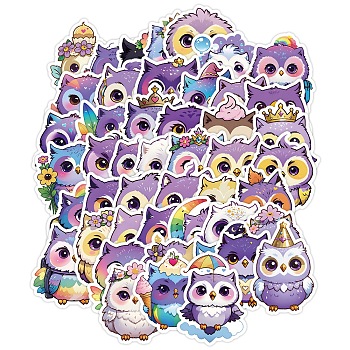 50Pcs PVC Paper Stickers, Vinyl Waterproof Decals, for Water Bottles Laptop Phone Skateboard Decoration, Owl, Purple, 50~80mm