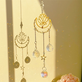 Metal Lotus Moon Window Hanging Suncatchers, with Glass Charm, for Home Pendant Decorations, Golden, 430mm