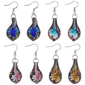 4 Pairs 4 Colors Bling Flower Inner Glass Teardrop Dangle Earrings, Iron Jewelry for Women, Mixed Color, 56~57mm, Pin: 0.7mm, 1 pair/color