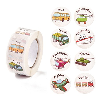 Cartoon Self-Adhesive Stickers, Roll Sticker, Flat Round with Vehicle Pattern, for Children Decorative Award Presents, Colorful, 2.5cm, 500pcs/roll