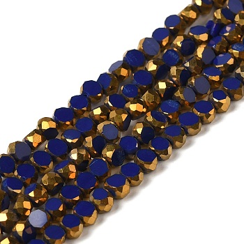 Electroplate Glass Beads Strands, Opaque Solid Color, Half Golden Plated, Faceted, Flat Round, Dark Blue, 4~4.5x3mm, Hole: 1mm, about 71~75pcs/strand, 10''~10.43''(25.4~26.5cm)