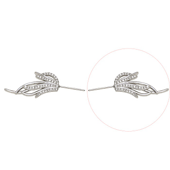 Brass Micro Pave Clear Cubic Zirconia Fishtail Head Pins, for Baroque Pearl Making, Platinum, 36x14mm