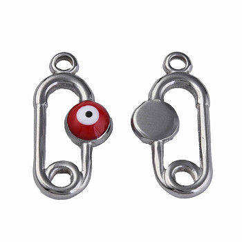 304 Stainless Steel Enamel Pendants, Oval with Evil Eye, Stainless Steel Color, Dark Red, 20x10x3mm, Hole: 1.6mm
