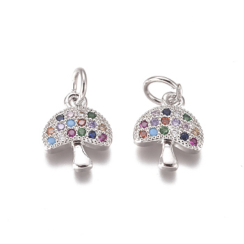 Brass Micro Pave Cubic Zirconia Charms, with Jump Rings, Mushroom, Colorful, Platinum, 11x9x2mm, Hole: 3mm