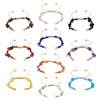 10Pcs 10 Styles Natural & Synthetic Mixed Stone Chip & Glass Seed Beaded Braided Bracelet Making, with 304 Stainless Steel Jump Rings, Mixed Dyed and Undyed, 11 inch(28cm), 1pc/style