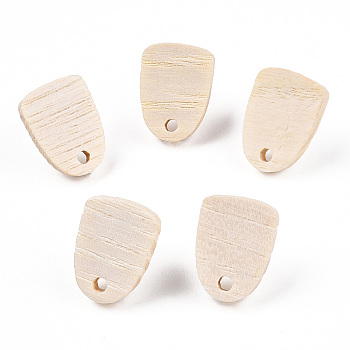 Ash Wood Stud Earring Findings, with 304 Stainless Steel Pin, Fan, 15~16x11mm, Hole: 1.8mm, Pin: 0.7mm