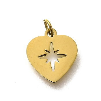 304 Stainless Steel Charms, with Jump Ring, Heart with Star Charm, Laser Cut, Ion Plating(IP), Real 18K Gold Plated, 12x11x1mm, Hole: 3mm