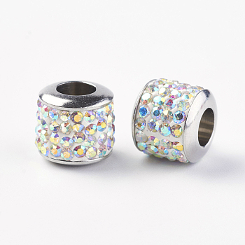 304 Stainless Steel European Beads, with Grade A Rhinestone, Large Hole Beads, Barrel, Crystal AB, 10x9.5mm, Hole: 5mm