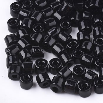 Opaque Glass Bugle Beads, Round Hole, Black, 7~7.5x6~6.5mm, Hole: 2.5mm, about 800pcs/bag
