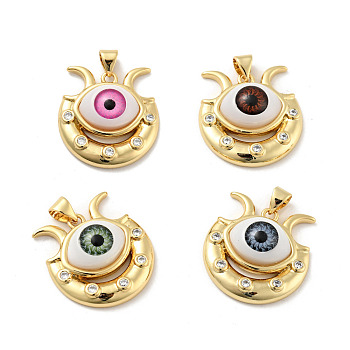 Evil Eye with Moon Brass Micro Pave Clear Cubic Zirconia Pendants, with Resin Eyeball, Cadmium Free & Nickel Free & Lead Free, Real 18K Gold Plated, Mixed Color, 23x22x7mm, Hole: 3.6x4.3mm