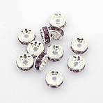 Brass Grade A Rhinestone Spacer Beads, Silver Color Plated, Nickel Free, Rondelle, Light Amethyst, 4x2mm, Hole: 0.8mm(RSB034NF-16)