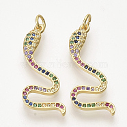 Brass Micro Pave Cubic Zirconia Pendants, with Jump Rings, Snake, Colorful, Golden, 31x11.5x3mm, Hole: 3mm(X-ZIRC-T012-32G)
