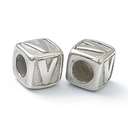 304 Stainless Steel European Beads, Large Hole Beads, Horizontal Hole, Cube with Letter, Stainless Steel Color, Letter.V, 8x8x8mm, Hole: 4mm(STAS-H145-01V-P)