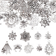 54Pcs 9 Styles Halloween Jewelry Tibetan Style Alloy Pendants, Spider & Spider Web, Antique Silver, 17~34.5x14~23.5x2~3.5mm, Hole: 0.8~2.5mm, 6pcs/style(FIND-SC0004-40)