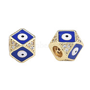 Brass Micro Pave Clear Cubic Zirconia Beads, with Enamel, Real 18K Gold Plated, Octagon with Evil Eye, Nickel Free, Dark Blue, 11x11x8.5mm, Hole: 4mm(KK-N227-91E)