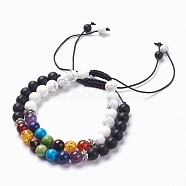 Chakra Jewelry, Adjustable Natural Gemstone Braided Bead Bracelets, with Mixed Stone and Tibetan Style Alloy Spacer Beads, Frosted, Round, Burlap Packing, 2-3/8 inch(6cm), 2strands/set(BJEW-JB03704)