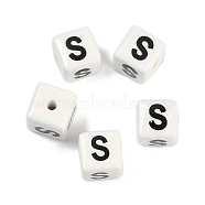 Porcelain Beads, Square with Letter, Letter S, 8.5x8.5x8.5mm, Hole: 1.6mm(PORC-R003-08S)