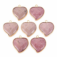 Natural Rhodochrosite Pendants, with Light Gold Plated Brass Findings, Faceted, Heart, 29~29.5x26~26.5x6mm, Hole: 2mm(G-N326-124B)