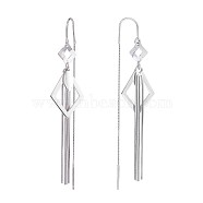 Rhodium Plated 925 Sterling Silver Rhombus with Chain Tassel Dangle Earrings, Long Drop Ear Thread for Women, Platinum, 78x15.3mm, Pin: 0.8mm(JE1048A)