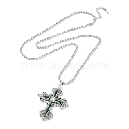 Cross Rhinestone Pendant Necklaces, with Antique Silver Alloy Ball Chains, Emerald, 27.56 inch(70cm)(FK0815-8)