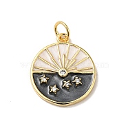 Rack Plating Brass Micro Pave Clear Cubic Zirconia Pendants, with Jump Ring and Enamel, Cadmium Free & Nickel Free & Lead Free, Real 18K Gold Plated, Flat Round with Star, Snow, 18.5x16x2mm, Hole: 3.6mm(KK-H431-13G)