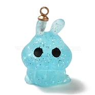 Halloween Theme Translucent Resin Pendants, with Light Gold Tone Alloy Findings, Rabbit with Glitter, Sky Blue, 20.5x13.5x12.5mm, Hole: 1.5mm(CRES-B005-03C)