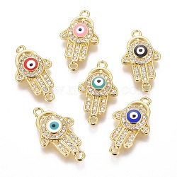 Brass Micro Pave Cubic Zirconia Links, with Enamel, Hamsa Hand/Hand of Fatima/Hand of Miriam, Golden, Mixed Color, 22x12.5x3mm, Hole: 1.2mm(ZIRC-F106-16G)