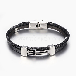 Leather Braided Cord Bracelets, with 304 Stainless Steel Finding, Rectangle with Cross, Black, 8-1/4 inch(210mm), 8.5x3~7mm(BJEW-E324-A05)