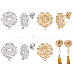 4 Pairs 2 Colors 304 Stainless Steel Stud Earring Findings, Earring Setting for Enamel, with Horizontal Loops and Ear Nuts, Flat Round with Sun, Golden & Stainless Steel Color, 17x15mm, Hole: 1.5mm, Pin: 0.7mm, Tray: 3mm, 2 Pairs/color(STAS-UN0038-06)