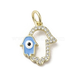 Brass Micro Pave Cubic Zirconia Pendants, with Enamel, with Jump Ring, Real 18K Gold Plated, Hamsa Hand/Hand of Miriam with Evil Eye, Deep Sky Blue, 16.5x13.5x2mm, Hole: 4mm(KK-E092-24G-01)