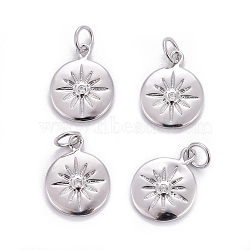 Brass Charms, with Cubic Zirconia, Flat Round with Sun, Clear, Platinum, 15x12x2mm, Hole: 3.5mm(X-ZIRC-L070-63P)