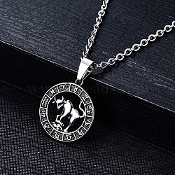 Stainless Steel Pendants, Stainless Steel Color, Flat Round with Constellation Charm, Taurus, 28x25mm(PW-WG33219-04)