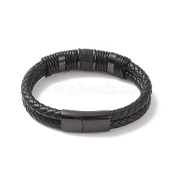 Leather Braided Cord Bracelets, with 304 Stainless Steel Magnetic Clasps, Black, Electrophoresis Black, 8-5/8 inch(22cm), 12.5mm(BJEW-E352-36B)