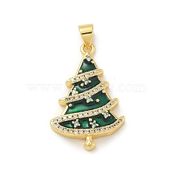 Brass Enamel Pendants, with Micro Pave Cubic Zirconia, Christmas Trees Charms, Real 18K Gold Plated, Dark Green, 28x18x3.5mm, Hole: 5x3.5mm(KK-U044-01G-02)