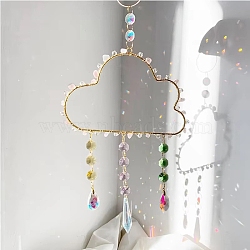 Teardrop Glass Suncatchers, Cloud Natural Rose Quartz Chips Tassel Hanging Ornaments, Rainbow Maker, for Garden & Home Decoration, Cloud, Pink, 350mm(PW-WG5FF2E-01)