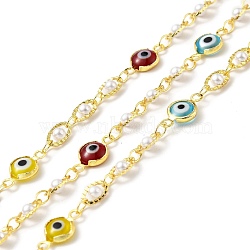 Handmade Eco-friendly Brass Flat Round & Oval Link Chain, with Glass Evil Eye & CCB Pearl Beaded, Long-Lasting Plated, Golden, Soldered, with Spool, Colorful, 13x7x3mm, 7x4x3mm(CHC-E023-27G-01)