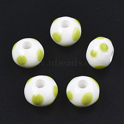 Handmade Porcelain Beads, Famille Rose Style, Rondelle with Polka Dot Pattern, Yellow Green, 12.5x9.5mm, Hole: 3.5mm(PORC-S504-001H)