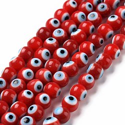 Handmade Evil Eye Lampwork Round Bead Strands, Red, 6mm, Hole: 1mm, about 64pcs/Strand, 14.57''(37cm)(LAMP-L055-6mm-19)