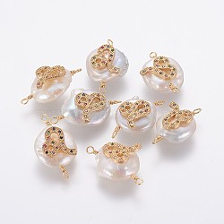 Natural Pearl Links connectors, with Brass Micro Pave Cubic Zirconia Findings, Flat Round with Constellation, Golden, Colorful, Leo, 20~26x9~17x5~11mm, Hole: 1.6mm(PEAR-F012-06G-D)