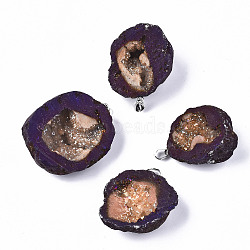 Electroplate Natural Druzy Agate Pendants, with Platinum Tone Brass Pinch Bail, Dyed, Nuggets, Indigo, 39~46x30~38x15~20mm, Hole: 7x4mm(G-S359-184)