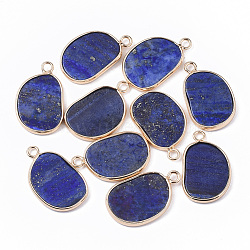Natural Lapis Lazuli Pendants, with Golden Tone Brass Open Back Bezel, Oval, 25x15.5x2~3mm, Hole: 2mm(X-G-S359-019A)